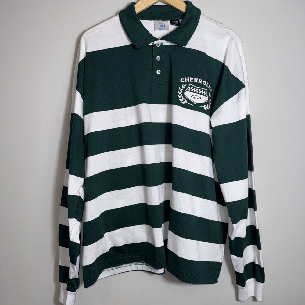 Chevrolet GM‎ Mens Green White Striped Long Sleeve Rugby Polo Shirt Large NWT
